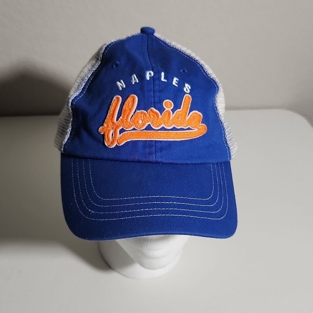 Naples Florida blue orange clear white mess trucker hat Marco Destin strap back